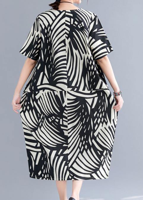 Modern Black Print Cotton Tunic Pattern O Neck Patchwork Art Summer Dress