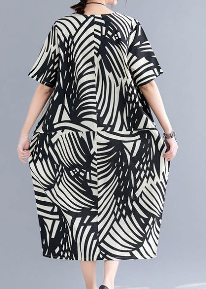 Modern Black Print Cotton Tunic Pattern O Neck Patchwork Art Summer Dress