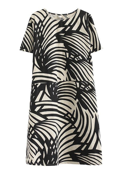 Modern Black Print Cotton Tunic Pattern O Neck Patchwork Art Summer Dress