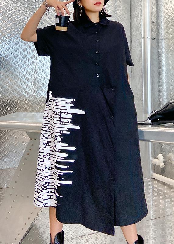 Modern Black Print Tunics for Lapel Button Down a Line Summer Dress