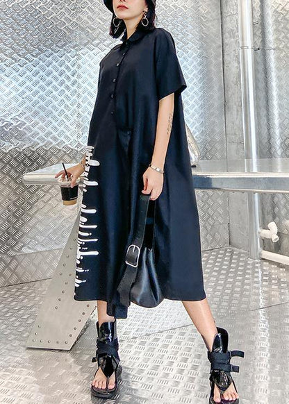 Modern Black Print Tunics for Lapel Button Down a Line Summer Dress
