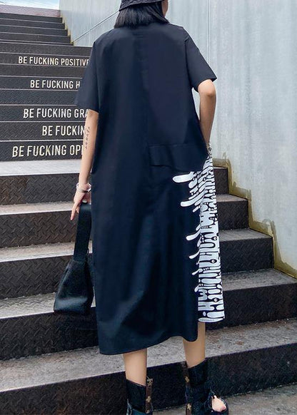 Modern Black Print Tunics for Lapel Button Down a Line Summer Dress