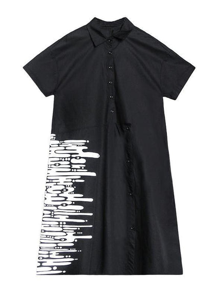 Modern Black Print Tunics for Lapel Button Down a Line Summer Dress