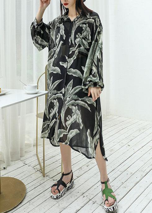 Modern Black Prints Chiffon Shirts Side Open Art Sunscreen Shirt Dresses