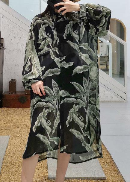 Modern Black Prints Chiffon Shirts Side Open Art Sunscreen Shirt Dresses