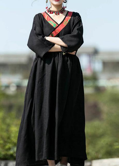 Modern Black Silk Linen Long Dress V Neck Patchwork Maxi Summer Dress