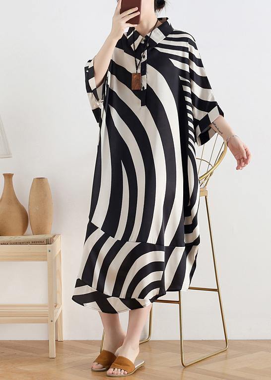 Modern Black Striped Chiffon Clothes for Fabrics Lapel Batwing Sleeve Long Summer Dresses