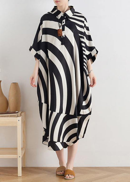 Modern Black Striped Chiffon Clothes for Fabrics Lapel Batwing Sleeve Long Summer Dresses
