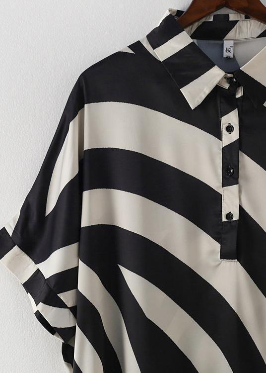 Modern Black Striped Chiffon Clothes for Fabrics Lapel Batwing Sleeve Long Summer Dresses