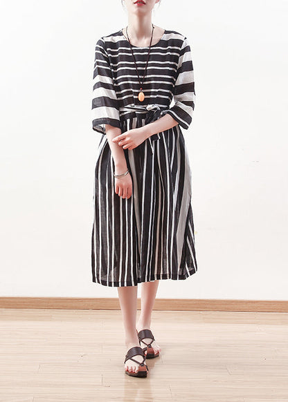 Modern Black White Striped Linen Clothes for Tie Waist Cotton Summer Dress