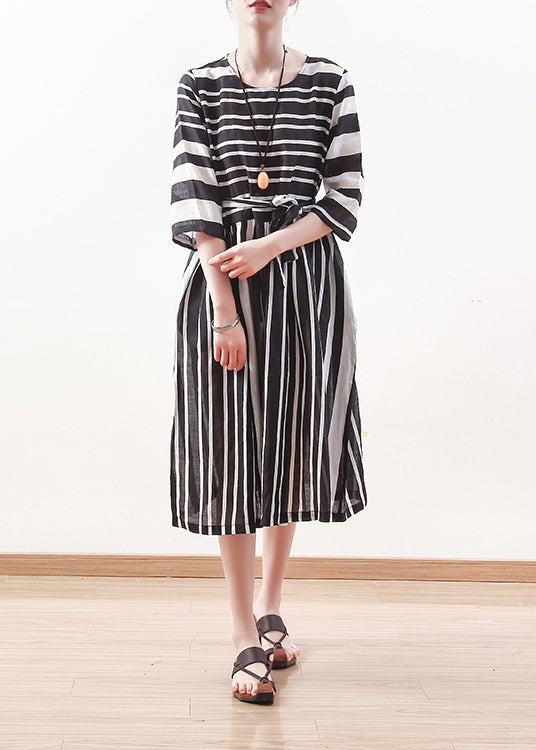 Modern Black White Striped Linen Clothes for Tie Waist Cotton Summer Dress