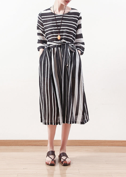 Modern Black White Striped Linen Clothes for Tie Waist Cotton Summer Dress
