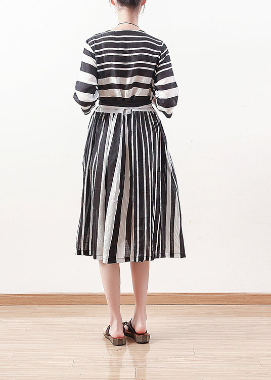 Modern Black White Striped Linen Clothes for Tie Waist Cotton Summer Dress