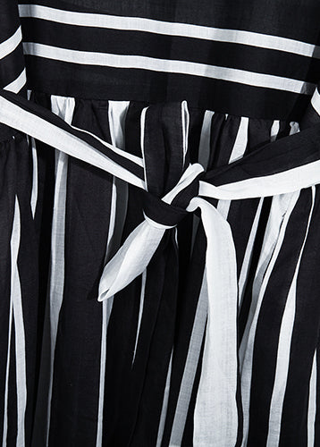 Modern Black White Striped Linen Clothes for Tie Waist Cotton Summer Dress