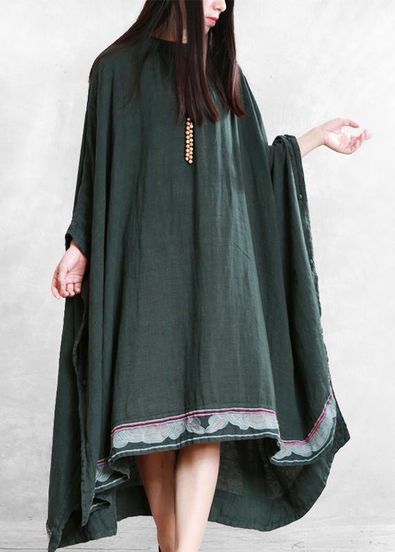 Modern Blackish Green Linen Long Shirts O Neck Embroidery Robe Dresses