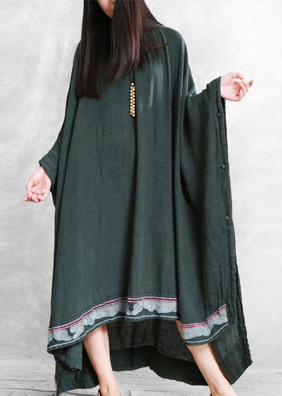Modern Blackish Green Linen Long Shirts O Neck Embroidery Robe Dresses