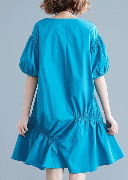 Modern Blue Cotton Tunic O Neck Lantern Sleeve Oversized Dresses