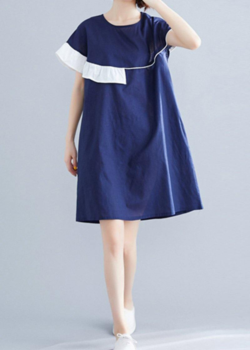 Modern Blue Cotton Wardrobes O Neck Patchwork Summer Dress