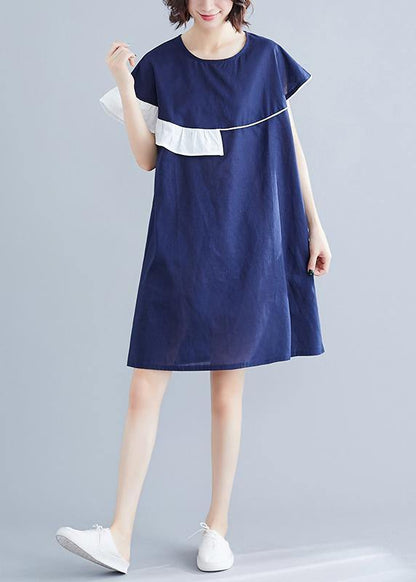 Modern Blue Cotton Wardrobes O Neck Patchwork Summer Dress
