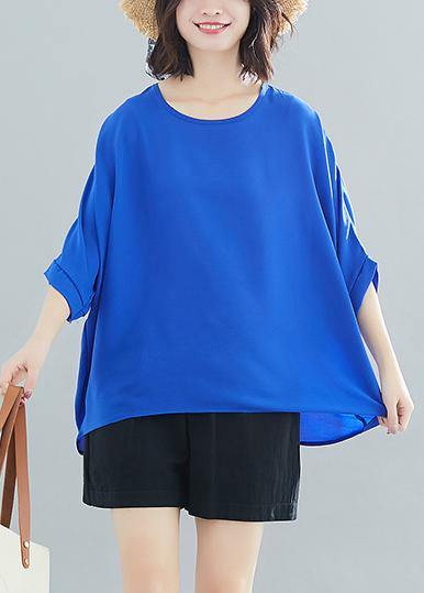 Modern Blue Chiffon O Neck Batwing Sleeve Love Summer Tops