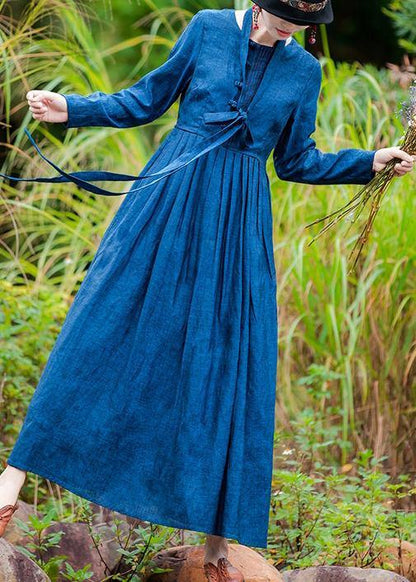 Modern Blue Clothes for O Neck Extra Large Hem Long Spring Dresses