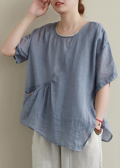 Modern Blue Cotton Linen Shirts Sewing O Neck Asymmetric Summer Shirts