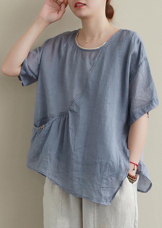 Modern Blue Cotton Linen Shirts Sewing O Neck Asymmetric Summer Shirts