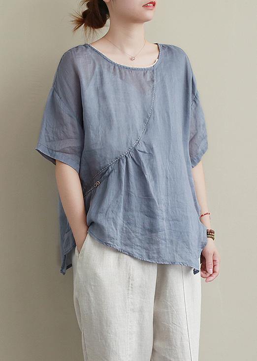 Modern Blue Cotton Linen Shirts Sewing O Neck Asymmetric Summer Shirts