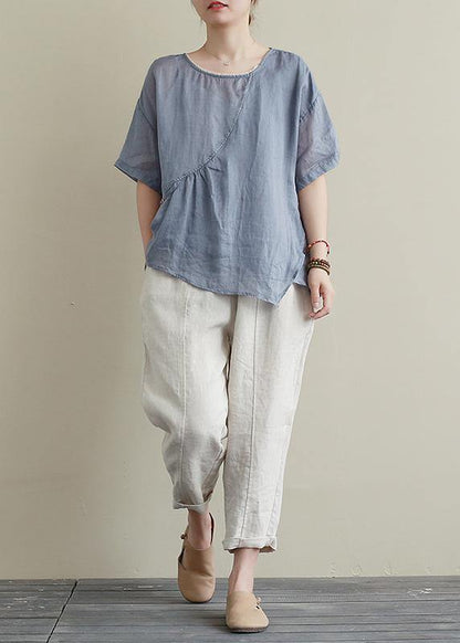 Modern Blue Cotton Linen Shirts Sewing O Neck Asymmetric Summer Shirts