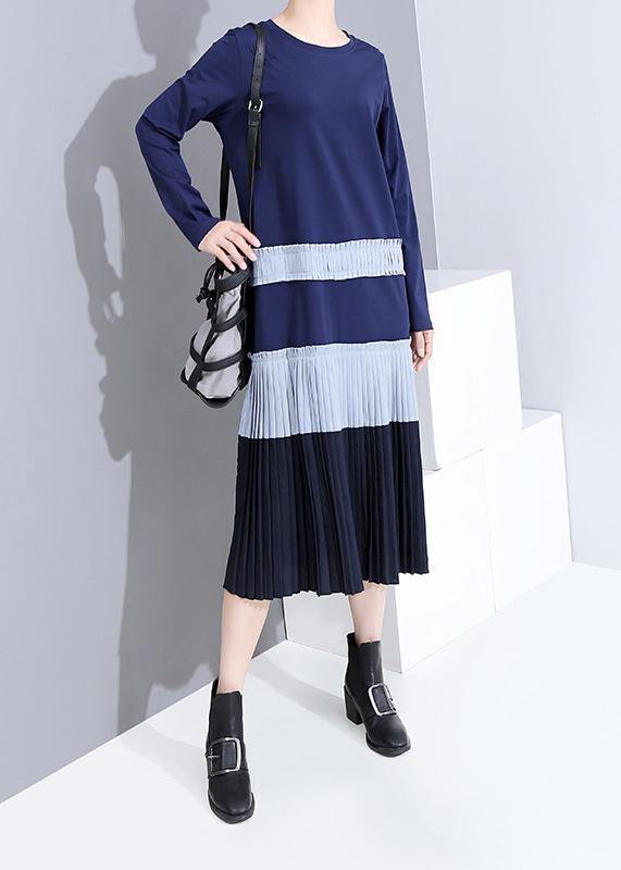 Modern Blue Cotton Tunic Top Cotton Patchwork Pleated Dresses