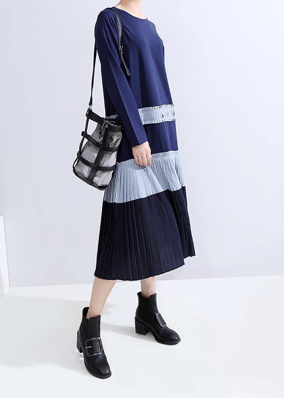 Modern Blue Cotton Tunic Top Cotton Patchwork Pleated Dresses
