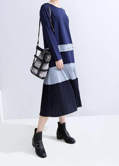 Modern Blue Cotton Tunic Top Cotton Patchwork Pleated Dresses