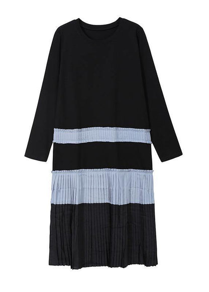 Modern Blue Cotton Tunic Top Cotton Patchwork Pleated Dresses