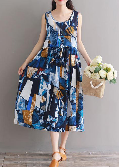 Modern Blue Linen Cotton Clothes for Tie Waist Loose Summer Dress
