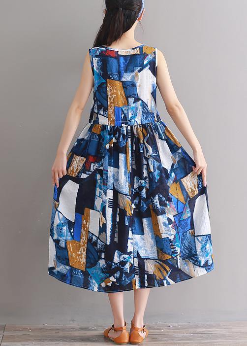 Modern Blue Linen Cotton Clothes for Tie Waist Loose Summer Dress