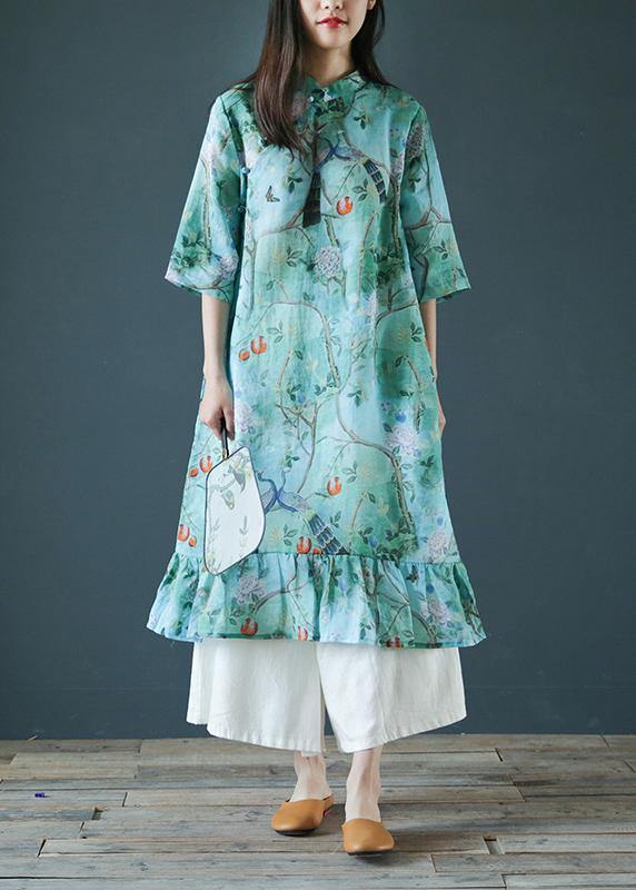 Modern Blue Print Cotton Dress Stand Collar Ruffles Love Dresses
