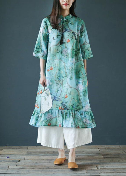 Modern Blue Print Cotton Dress Stand Collar Ruffles Love Dresses