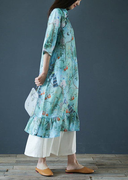 Modern Blue Print Cotton Dress Stand Collar Ruffles Love Dresses