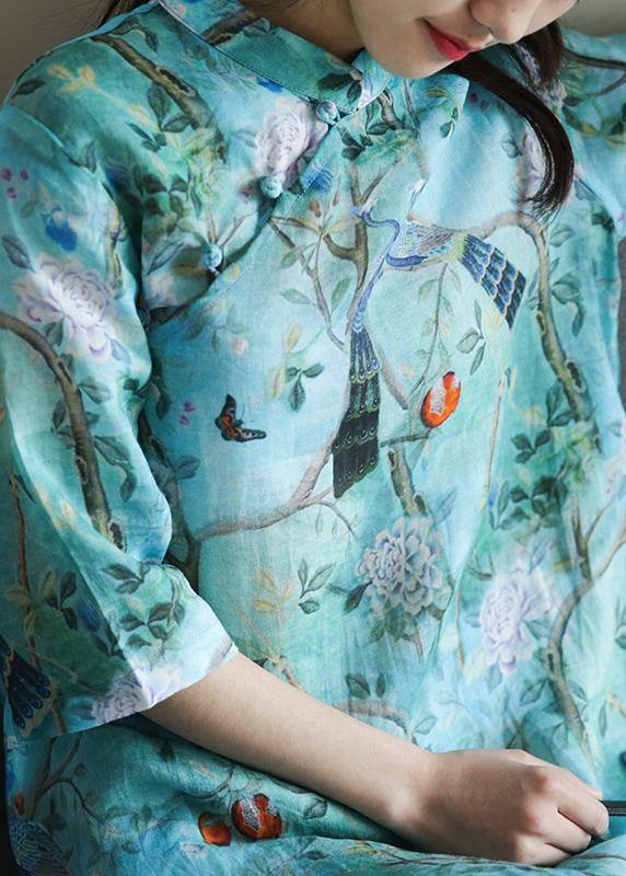 Modern Blue Print Cotton Dress Stand Collar Ruffles Love Dresses