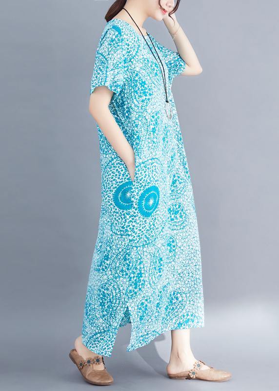 Modern Blue Print Linen Long Shirts Organic Fabrics O Neck Side Open Maxi Summer Dress