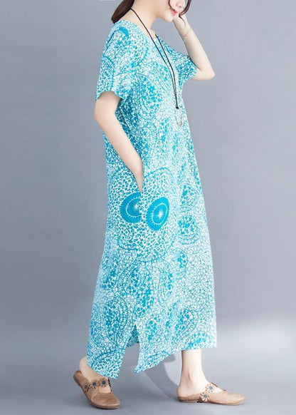 Modern Blue Print Linen Long Shirts Organic Fabrics O Neck Side Open Maxi Summer Dress