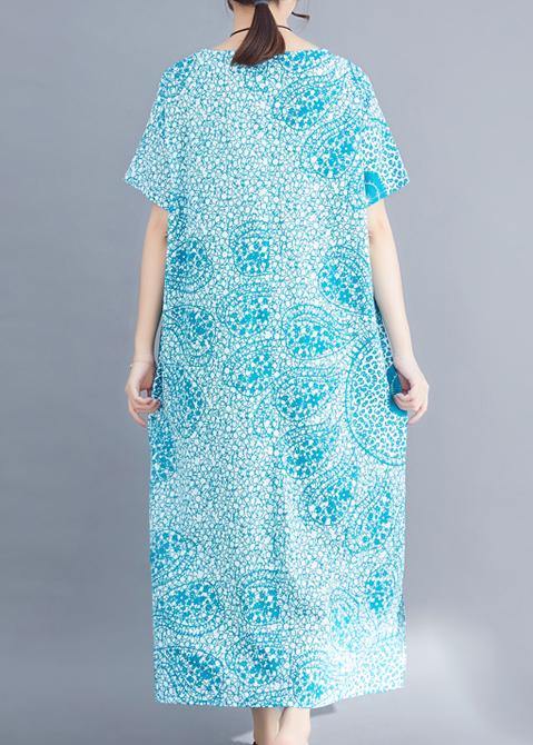Modern Blue Print Linen Long Shirts Organic Fabrics O Neck Side Open Maxi Summer Dress