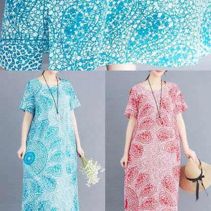 Modern Blue Print Linen Long Shirts Organic Fabrics O Neck Side Open Maxi Summer Dress