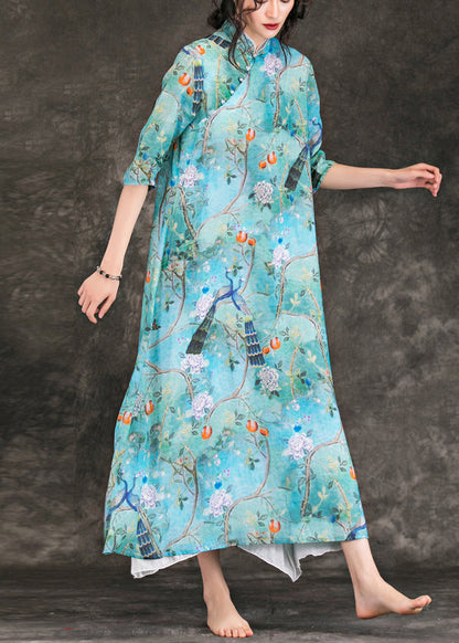 Modern Blue Print Linen Dresses Neckline Stand Collar Half Sleeve Maxi Summer Dress