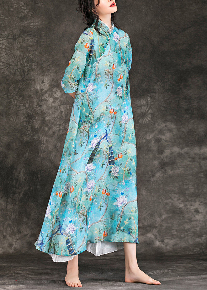 Modern Blue Print Linen Dresses Neckline Stand Collar Half Sleeve Maxi Summer Dress