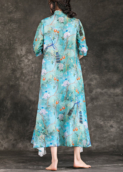 Modern Blue Print Linen Dresses Neckline Stand Collar Half Sleeve Maxi Summer Dress