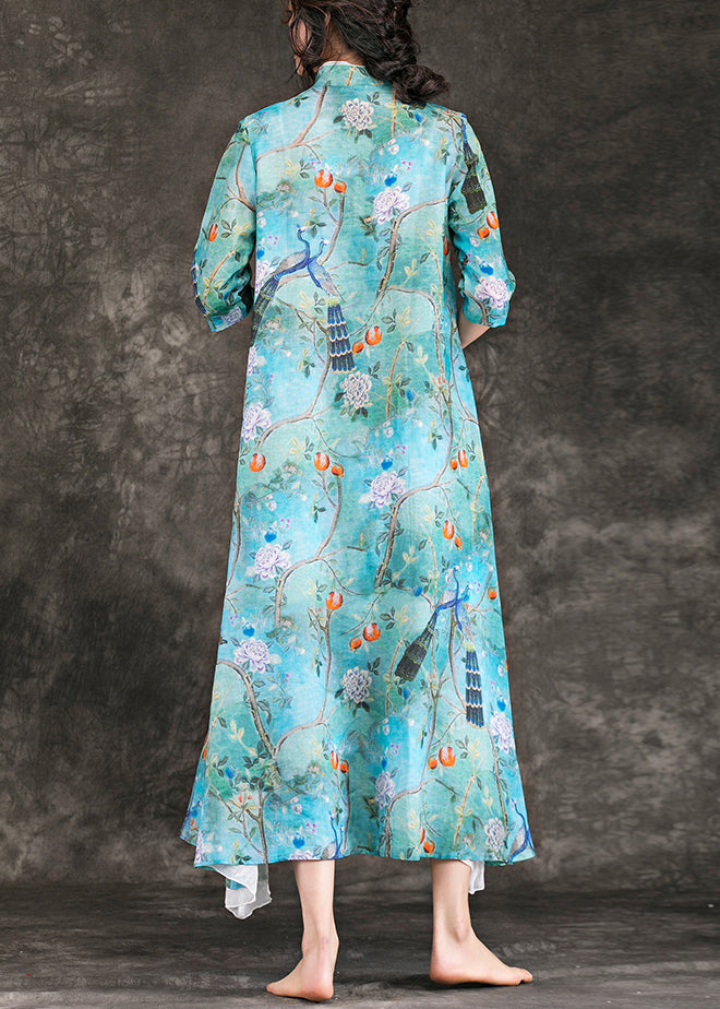 Modern Blue Print Linen Dresses Neckline Stand Collar Half Sleeve Maxi Summer Dress