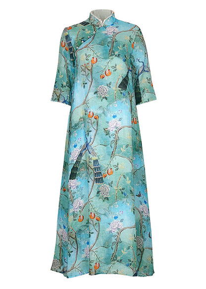 Modern Blue Print Linen Dresses Neckline Stand Collar Half Sleeve Maxi Summer Dress