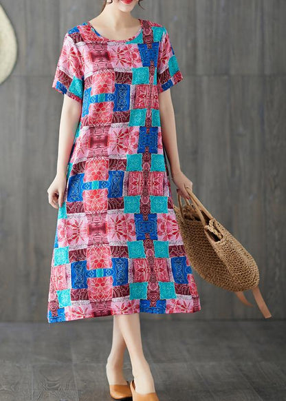 Modern Blue Prints Cotton Linen Clothes for Short Sleeve Wild Long Summer Dresses