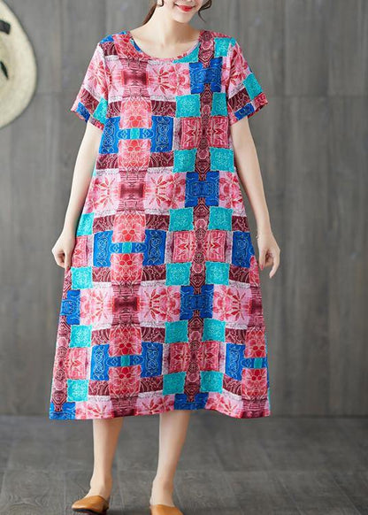 Modern Blue Prints Cotton Linen Clothes for Short Sleeve Wild Long Summer Dresses